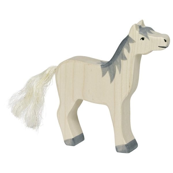 Holztiger Wooden Toy White Horse Grey Mane Head Raised