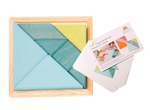 Grimm's Wooden Toy Learning Creative Set Tangram Blue & Green with Templates