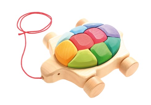 Grimm's Wooden Toy Pull Along Turtle with Rainbow Blocks