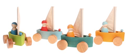 Grimm's Wooden Toy Small Land Yachts with Sailors 4 Pieces
