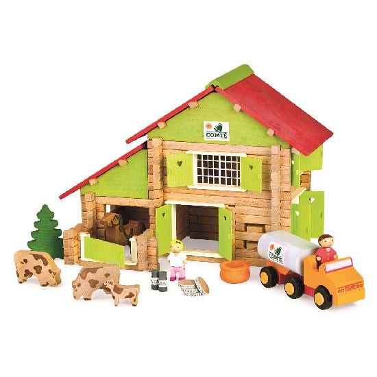 Jeujura Wooden Toy Log Barn With Tractor 180 Pieces