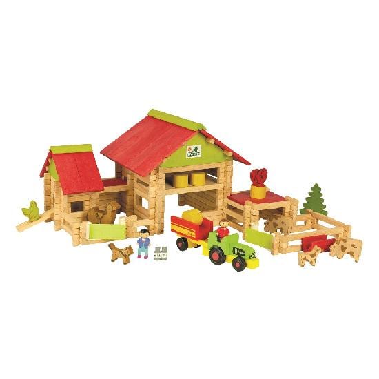 Jeujura Wooden Toy Log Barn With Tractor 220 Pieces